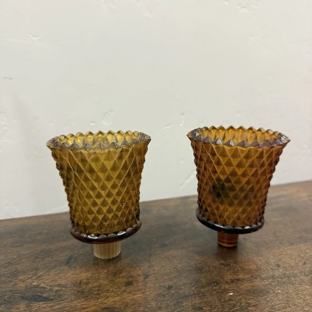 Pair Vintage Amber Glass Diamond‎ Peg Votive Cup Candle Holders Sconces